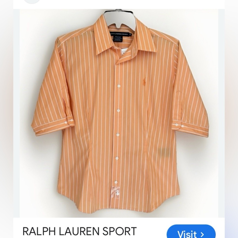 RALPH LAUREN SPORT Blouse Orange and White Striped with Polo pony logo 
Size S